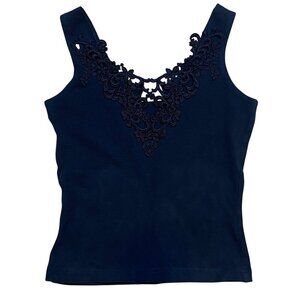 Y2K 90s Black Lace Silk‎ Stretchy Tank Top With Intricate Lace Front Design